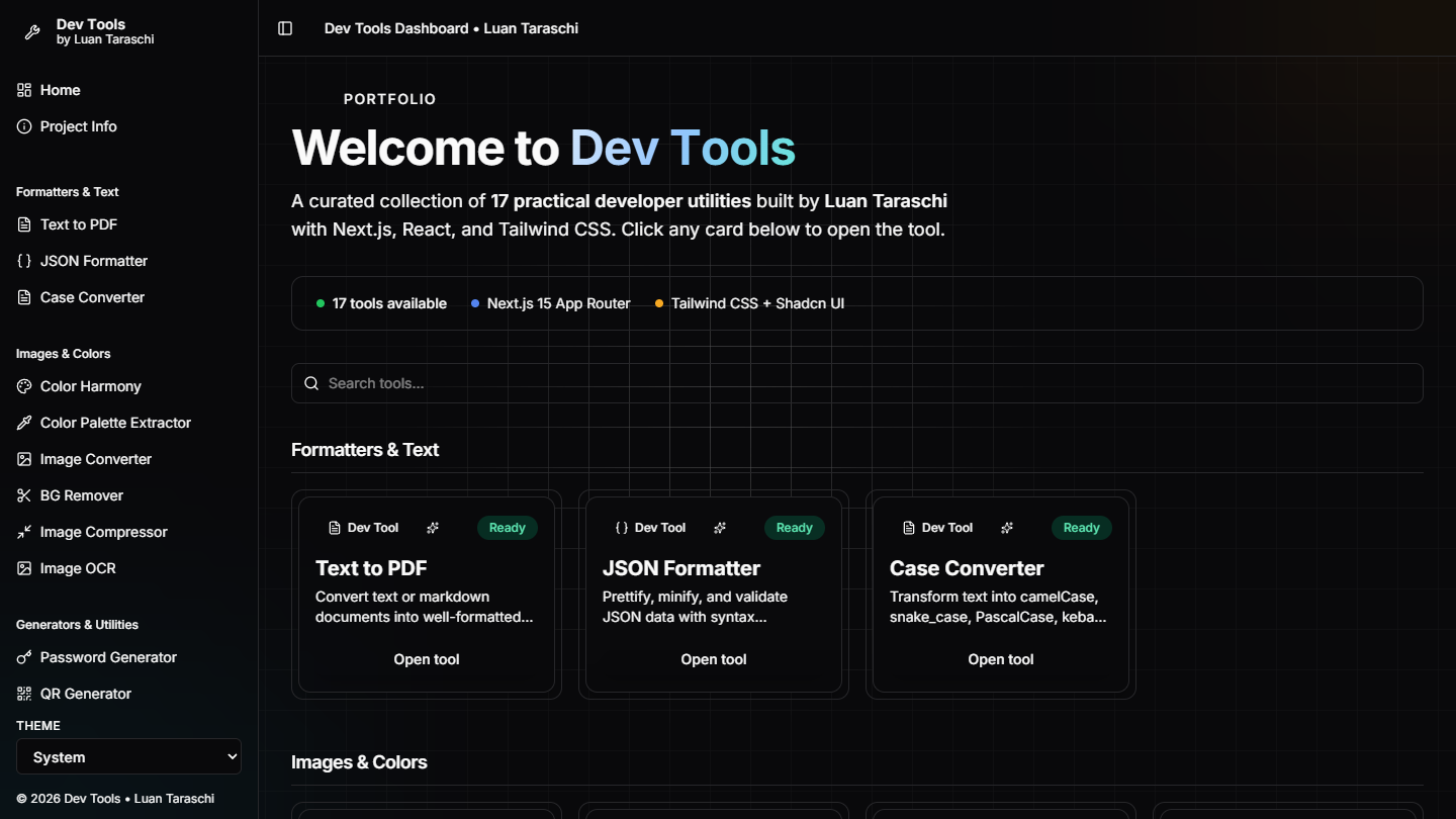 Painel do Dev Tools: barra lateral com as ferramentas agrupadas em Formatters and Text, Images and Colors e Generators and Utilities, e no corpo da página os cartões de cada ferramenta com um campo de busca acima.
